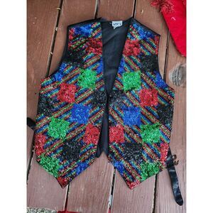 Vintage Theo Sequin Vest Colorful Holiday Plaid Teacher Vest Women's Size Medium